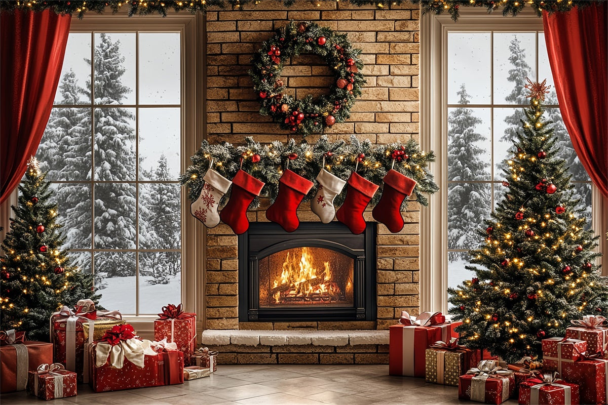 Christmas Fireplace Backdrop Warm Hearth Winter Backdrop CSH6-257