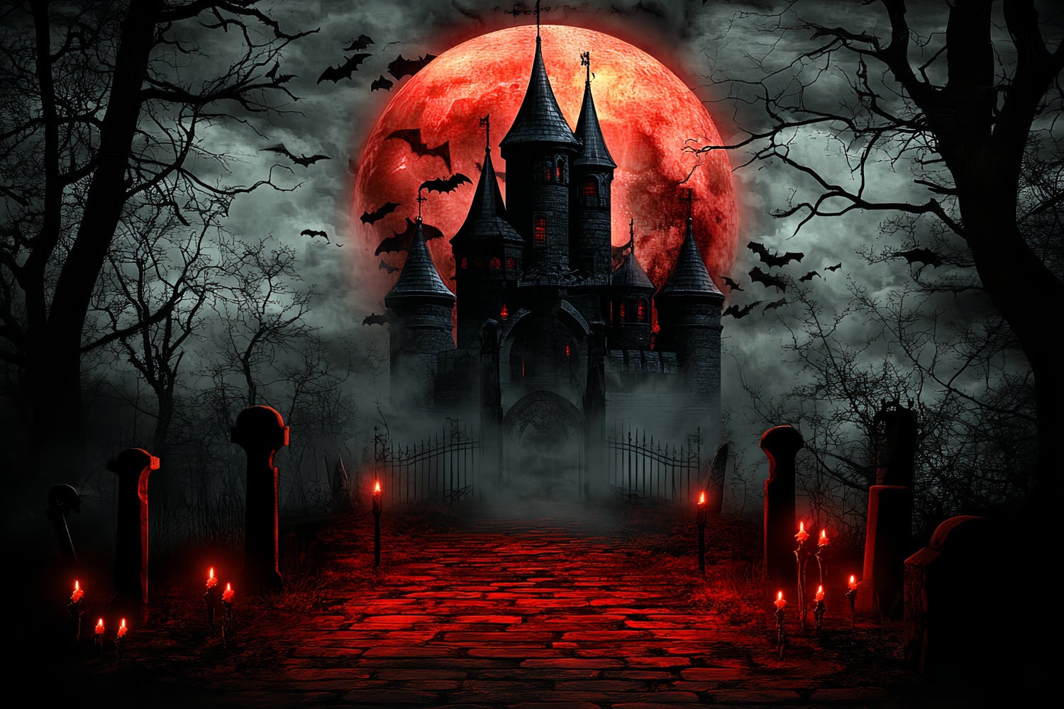 Halloween Moon Backdrop Blood Moon Haunted Castle Backdrop CSH6-66