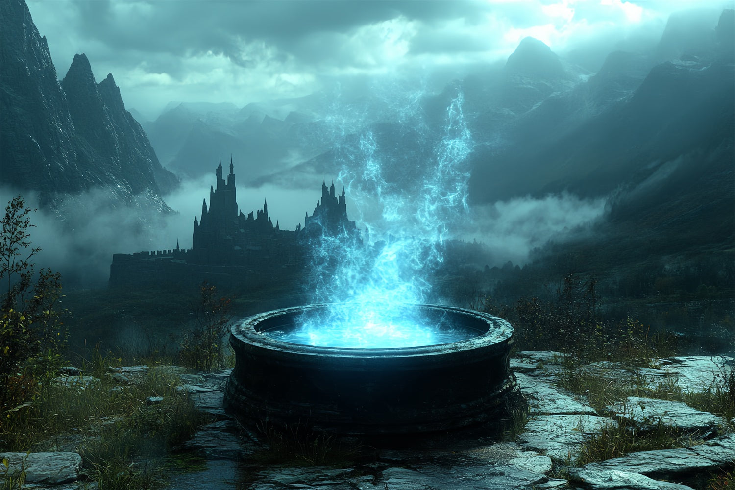 Halloween Photo Backdrop Haunted Mystic Fountain Backdrop CSH6-84