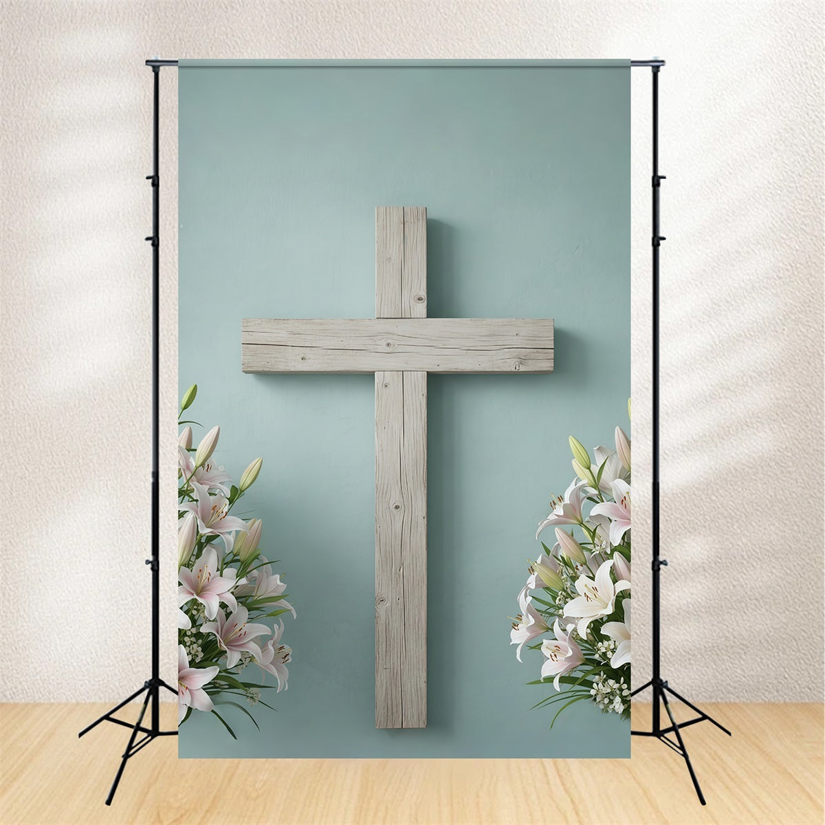 Easter Church Photo Backdrop Rustic Wooden Cross Lily Easter Backdrop For Pictures CSH61-10
