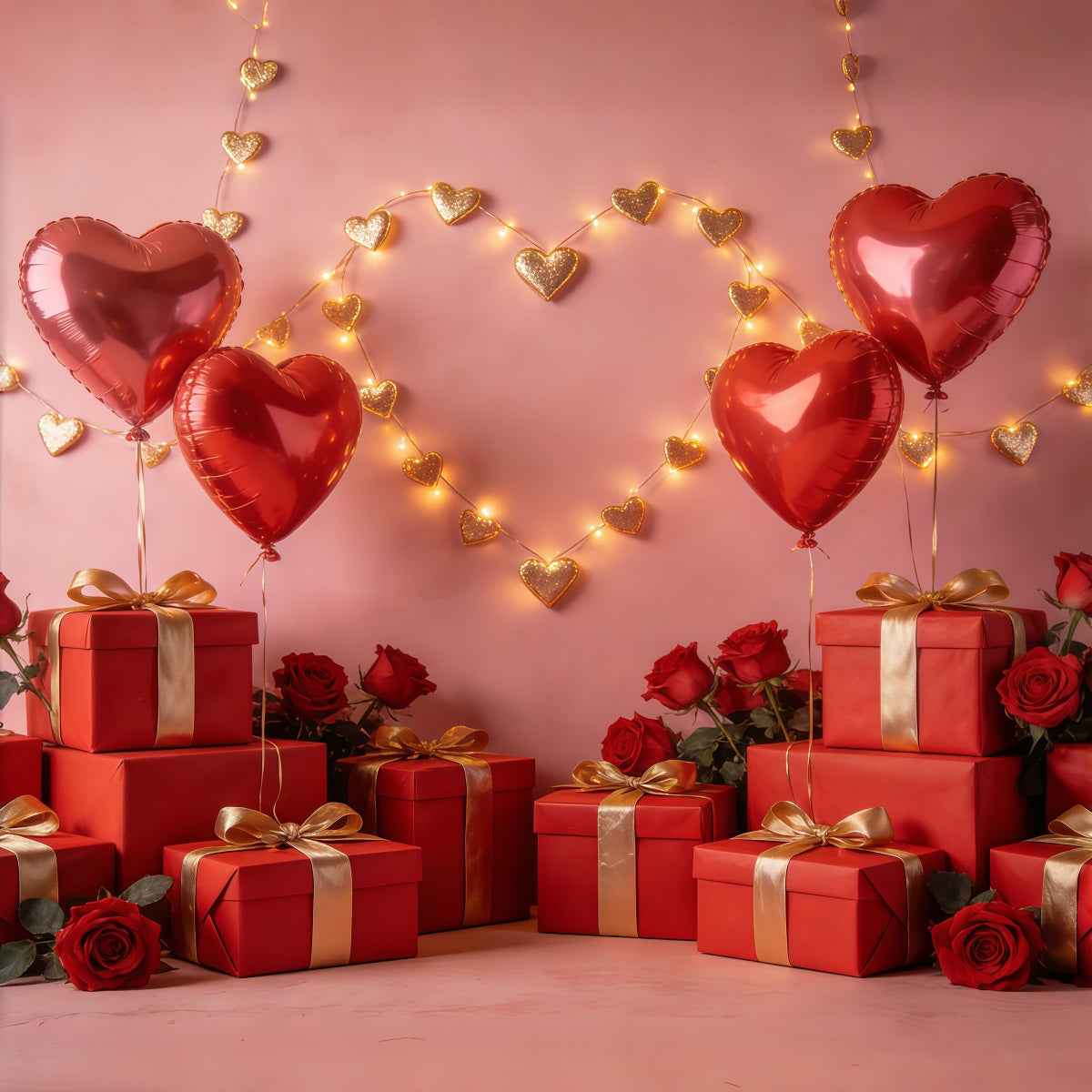 Gift Box Valentine Backdrop Floating Heart Balloons Arrangement Romantic Backdrops CSH61-101