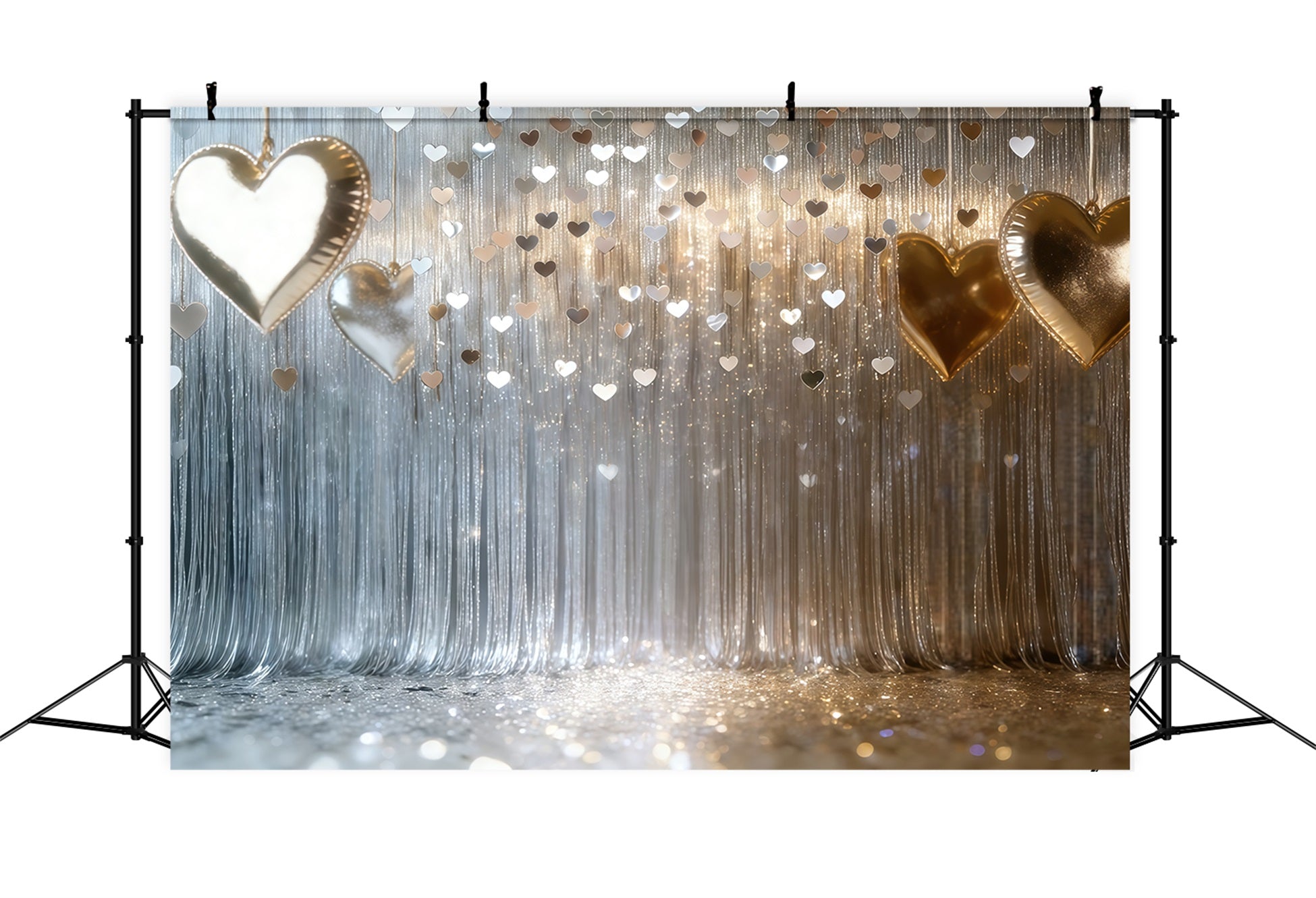 Glitter Valentine Backdrop Silver Heart Fringe Curtain Valentine's Day Backdrops CSH61-103