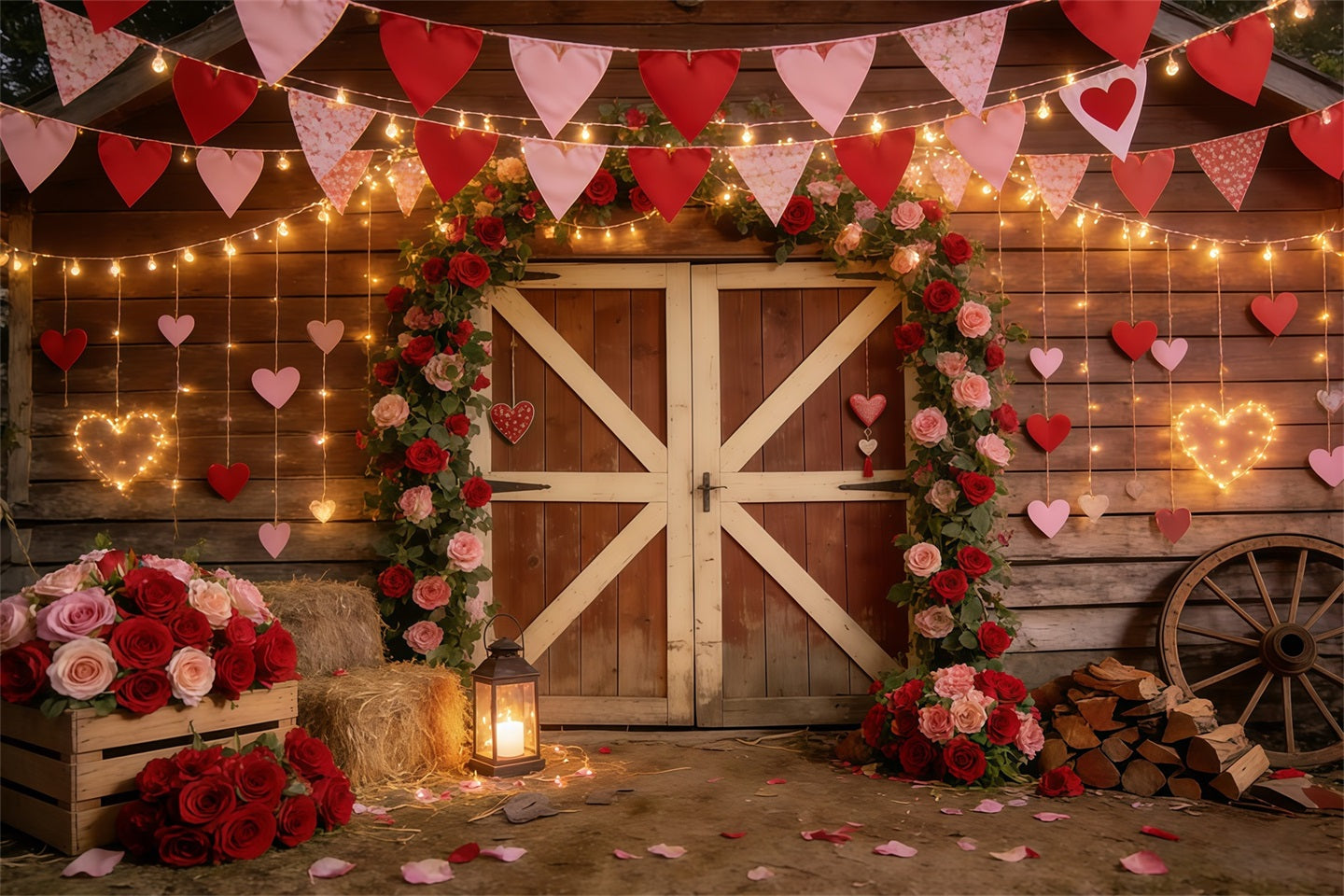 Rustic Farmhouse Valentine Backdrop Barn Heart Garland Valentines Day Backdrop CSH61-106