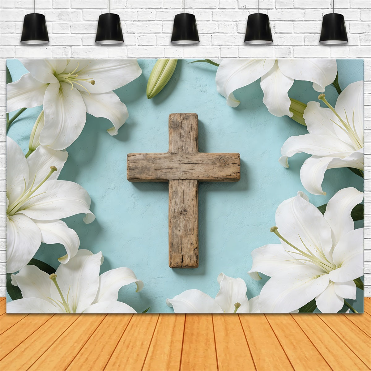 Easter Church Photo Backdrop Floral Cross Lily Flatlyy Easter Backdrop For Pictures CSH61-11