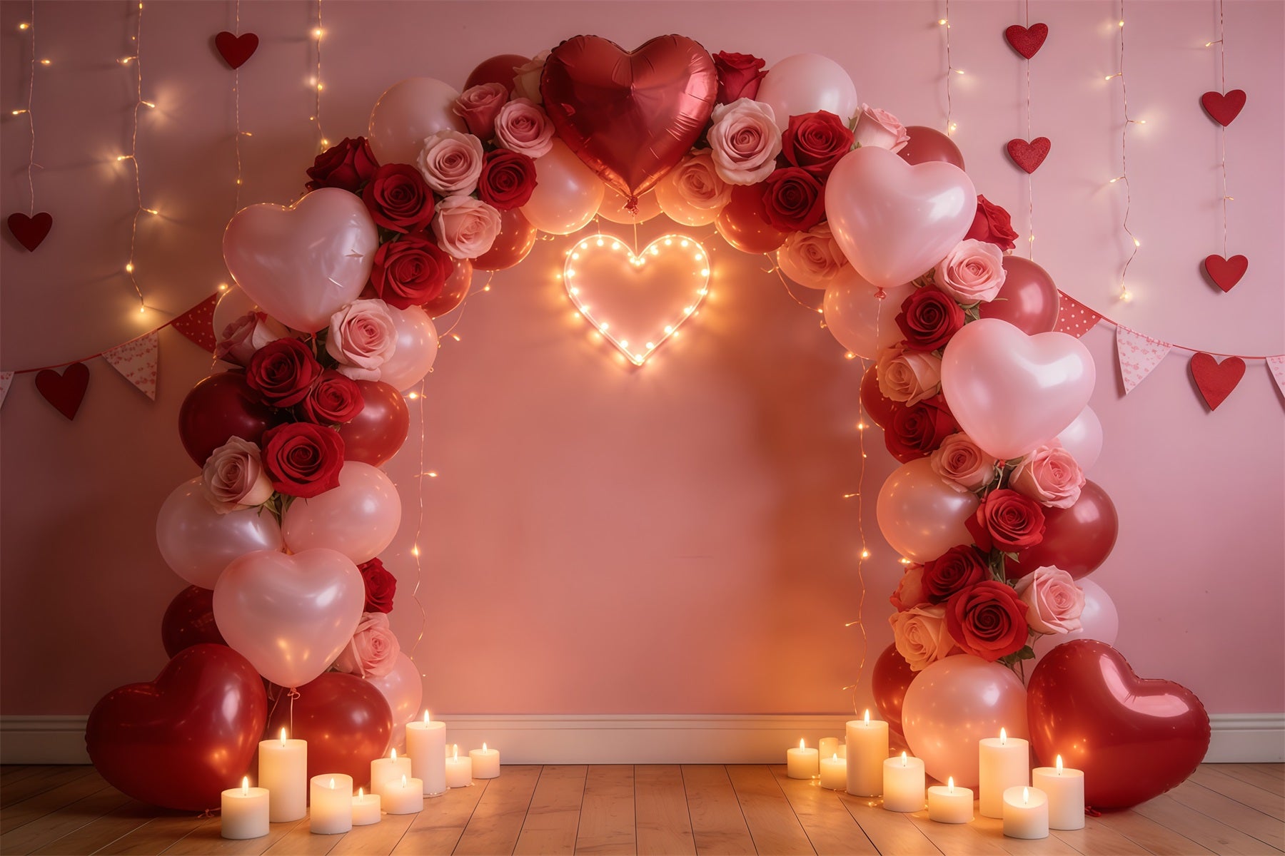 Floral Arch Valentine's Day Backdrop Rose Heart Balloon Arch Romantic Photo Backdrop CSH61-113