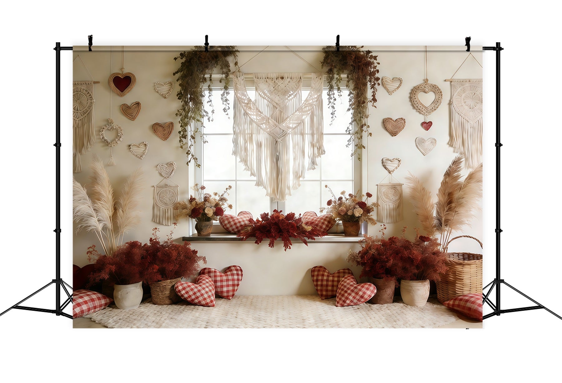 Boho Floral Valentine's Day Backdrop Macrame Heart Window Valentine Backdrop For Pictures CSH61-117