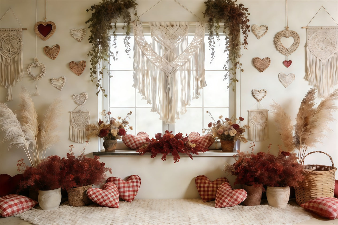 Boho Floral Valentine's Day Backdrop Macrame Heart Window Valentine Backdrop For Pictures CSH61-117