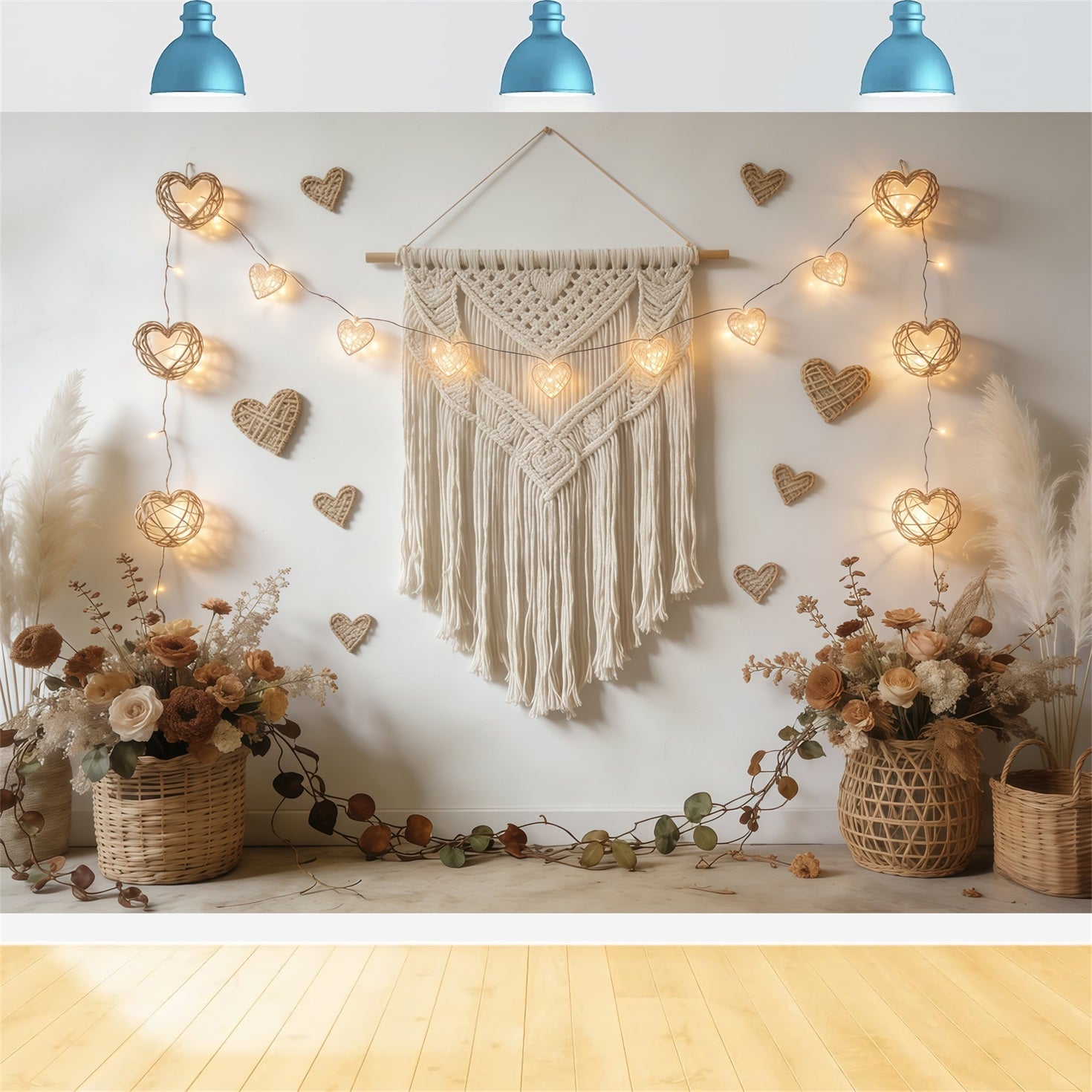 Boho Floral Valentine's Day Backdrop Macrame Heart Garland Valentine Backdrop For Pictures CSH61-118