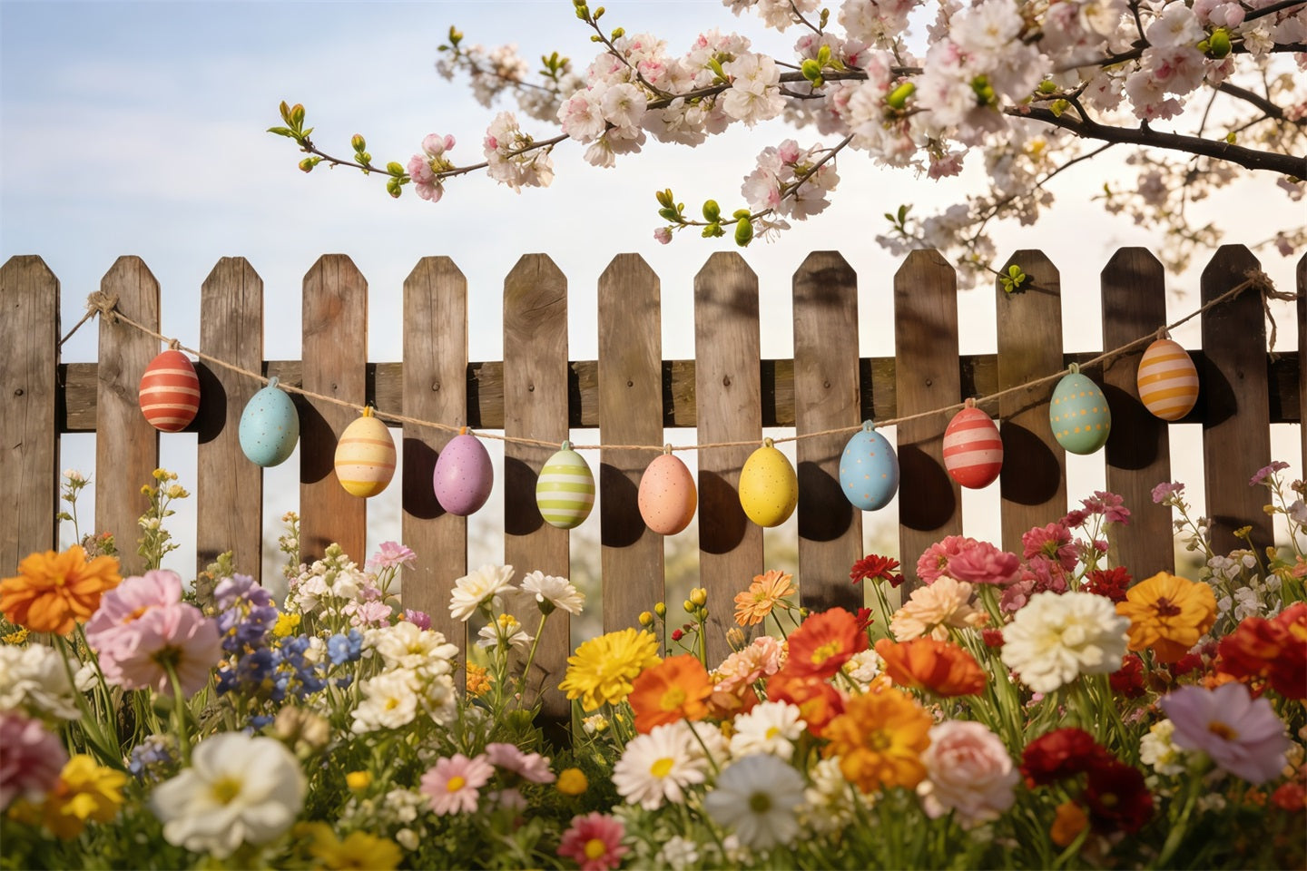 Spring Easter Backdrop Painted Eggs Garden Fence Spring Photo Booth Backdrop CSH61-131
