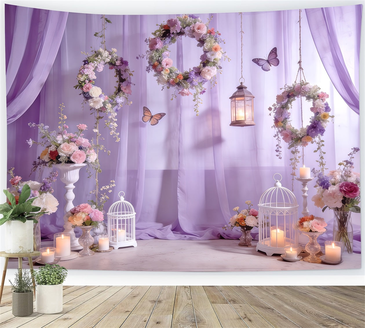 Wildflower Garland Backdrop Lavender Wreath Lantern Butterfly Spring Themed Backdrop CSH61-132