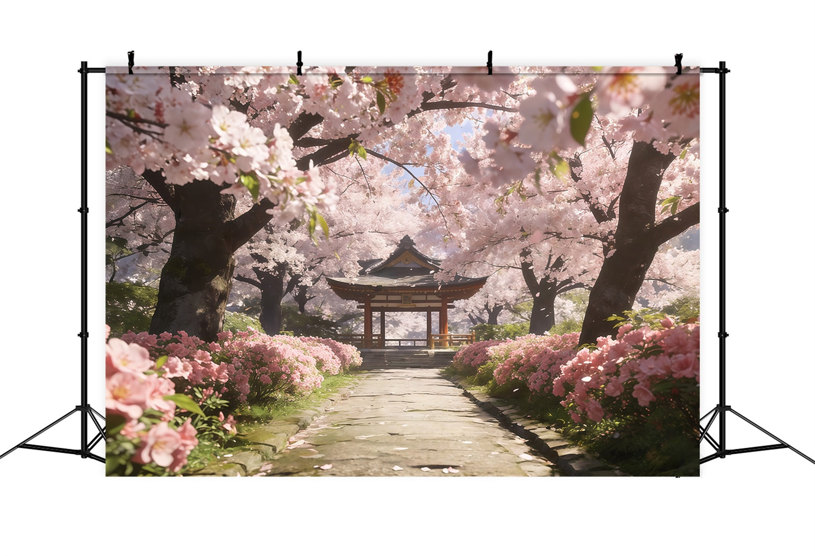 Cherry Blossom Tree Backdrop Sakura Pathway Tranquil Pavilion Floral Print Backdrop CSH61-133