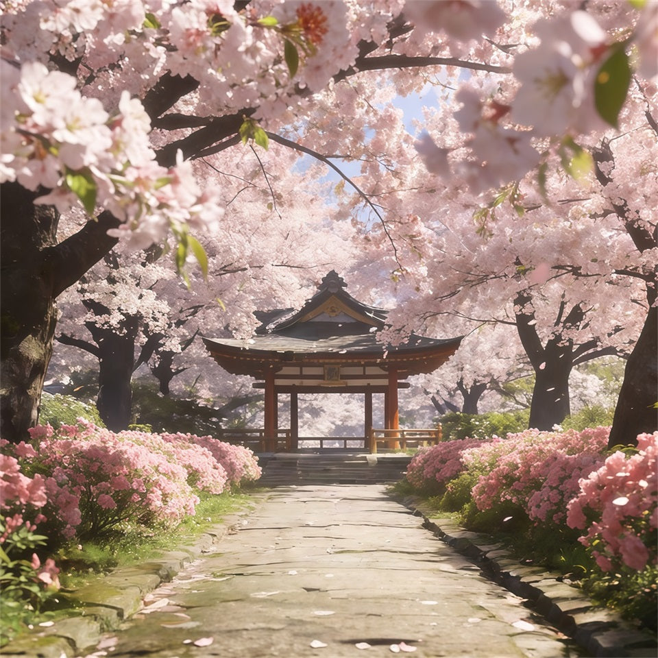 Cherry Blossom Tree Backdrop Sakura Pathway Tranquil Pavilion Floral Print Backdrop CSH61-133