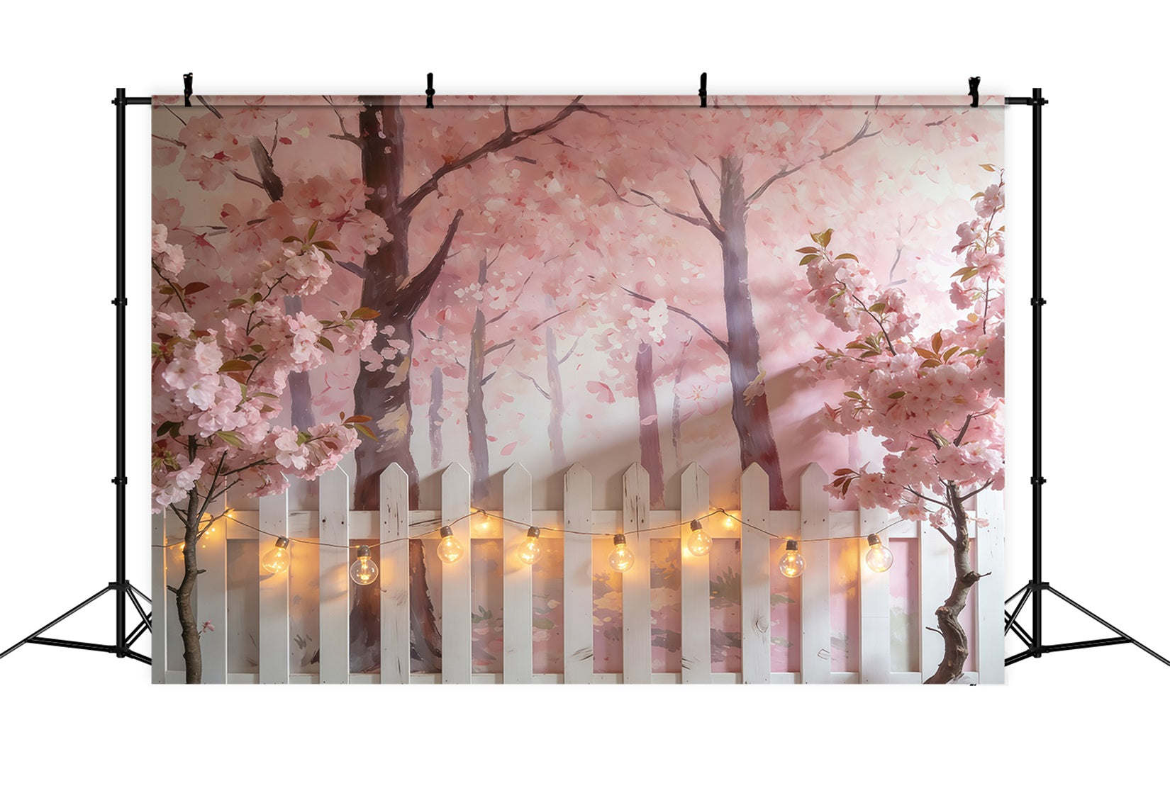 Cherry Blossoms Backdrop Pink Blossom Trees White Fence Photography Spring Backdrop CSH61-139