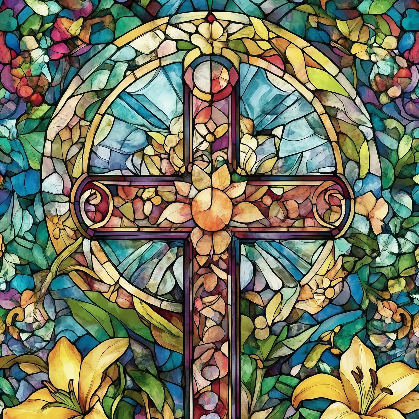 Stained Glass Window Backdrop Floral Cross Church Gothic Easter Backdrops CSH61-14