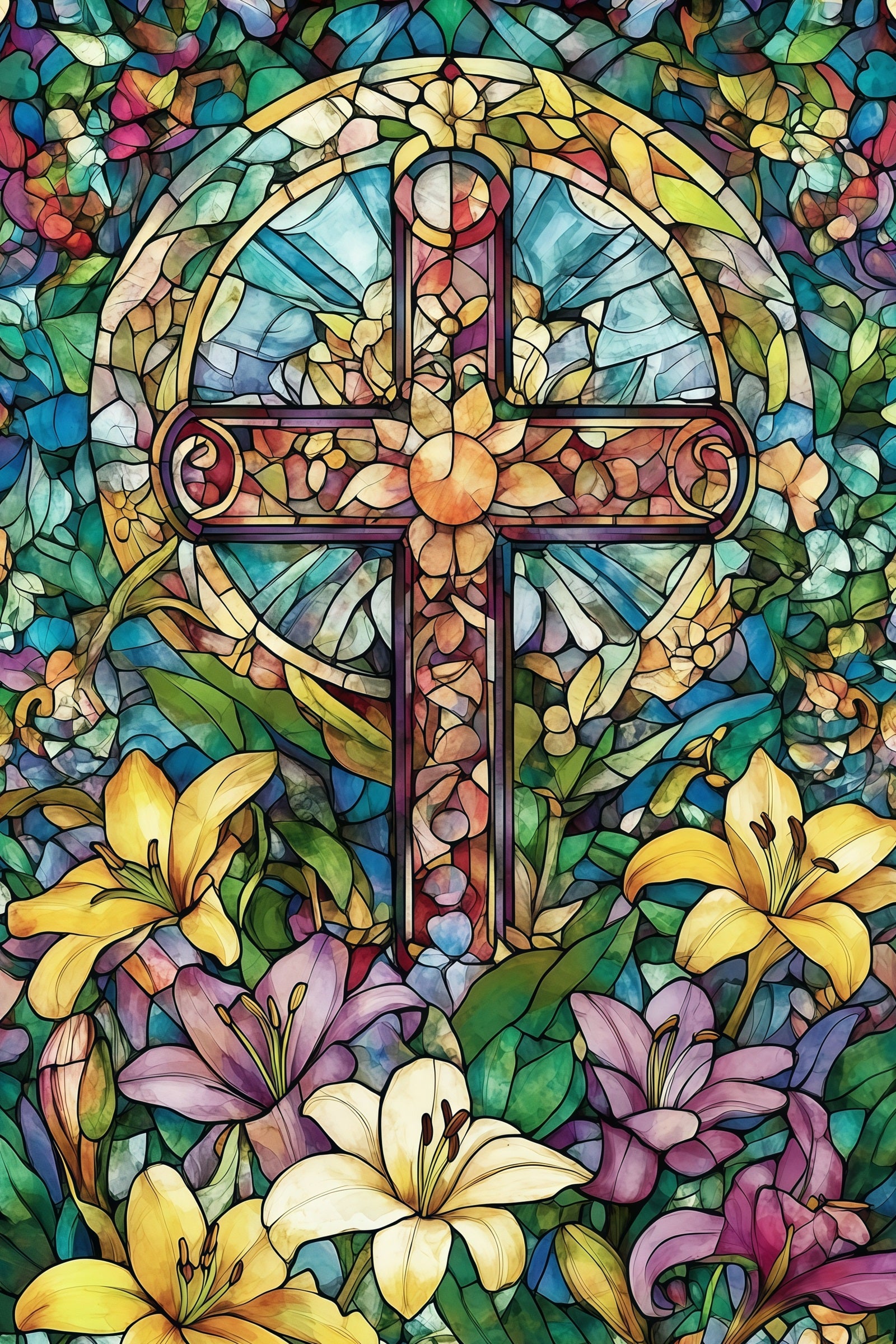 Stained Glass Window Backdrop Floral Cross Church Gothic Easter Backdrops CSH61-14