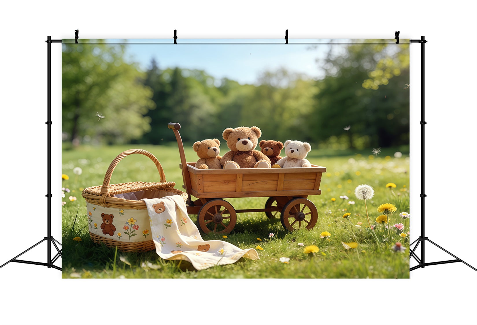 Picnic Backdrops Teddy Bear Wagon Meadow Outdoors Diy Spring Backdrop CSH61-140