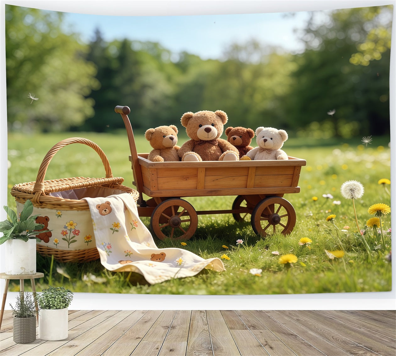 Picnic Backdrops Teddy Bear Wagon Meadow Outdoors Diy Spring Backdrop CSH61-140