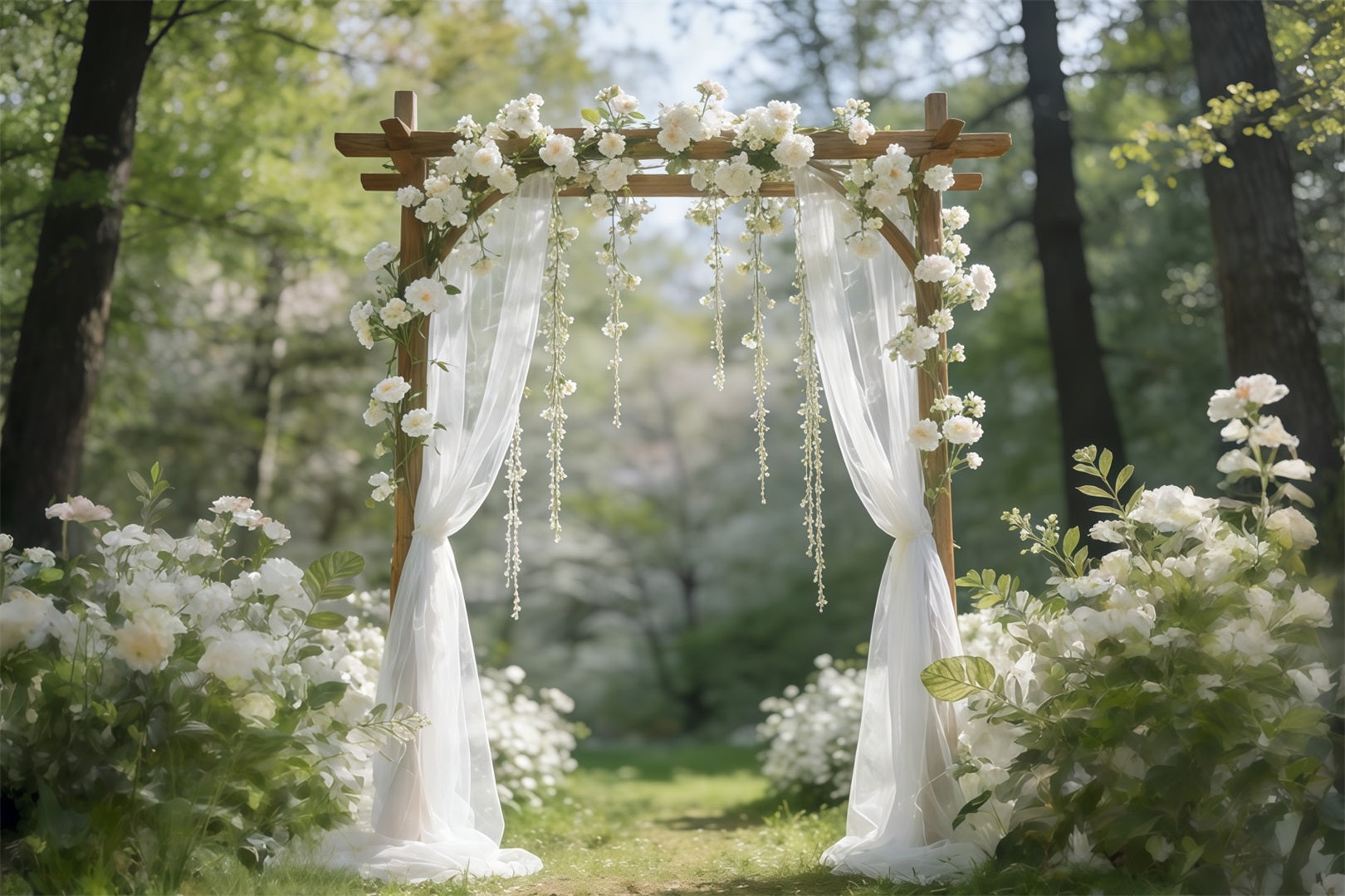 Spring Wedding Backdrop White Blossom Garden Archway Spring Backdrop Pictures CSH61-141