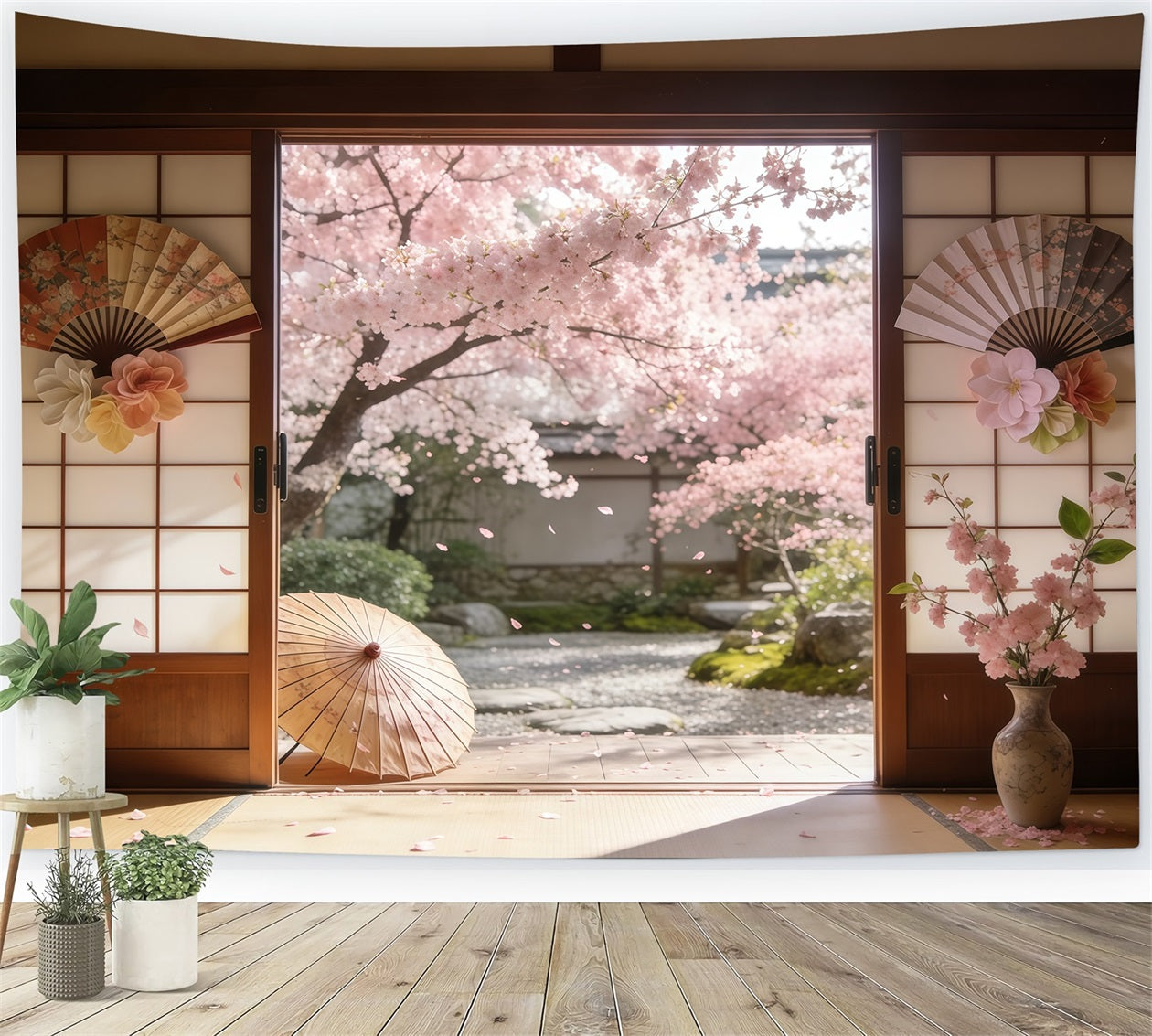 Backdrop Cherry Blossom Sakura Courtyard Sliding Doors Floral Picture Backdrop CSH61-142