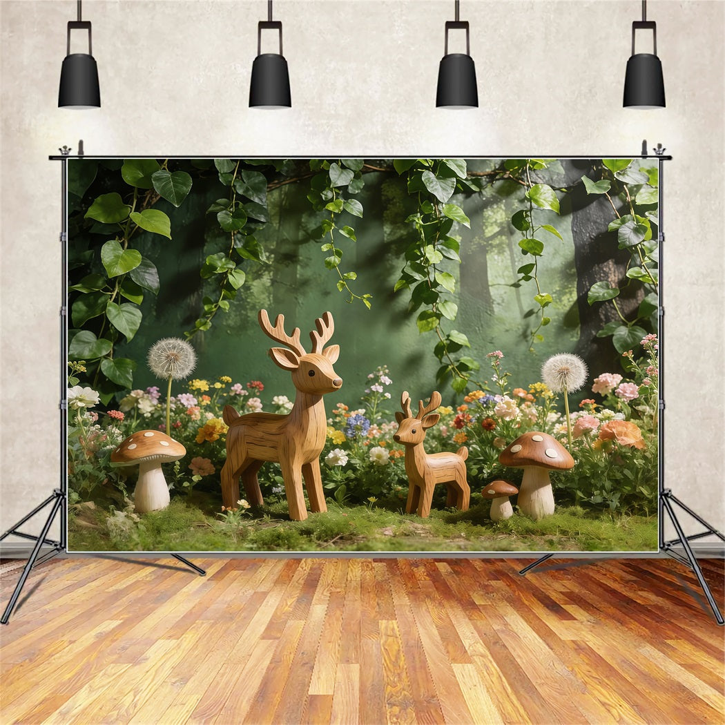 Deer Backdrop Woodland Forest Mushroom Meadow Spring Backdrop Flowers CSH61-145