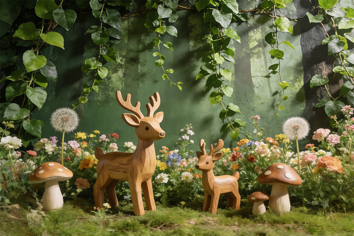 Deer Backdrop Woodland Forest Mushroom Meadow Spring Backdrop Flowers CSH61-145