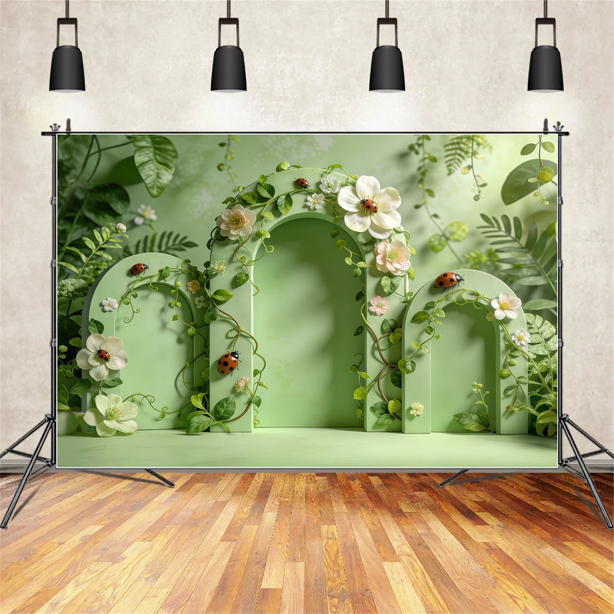 Lady Bug Backdrop Green Arch Door Floral Garden Spring Backdrops Ideas CSH61-147