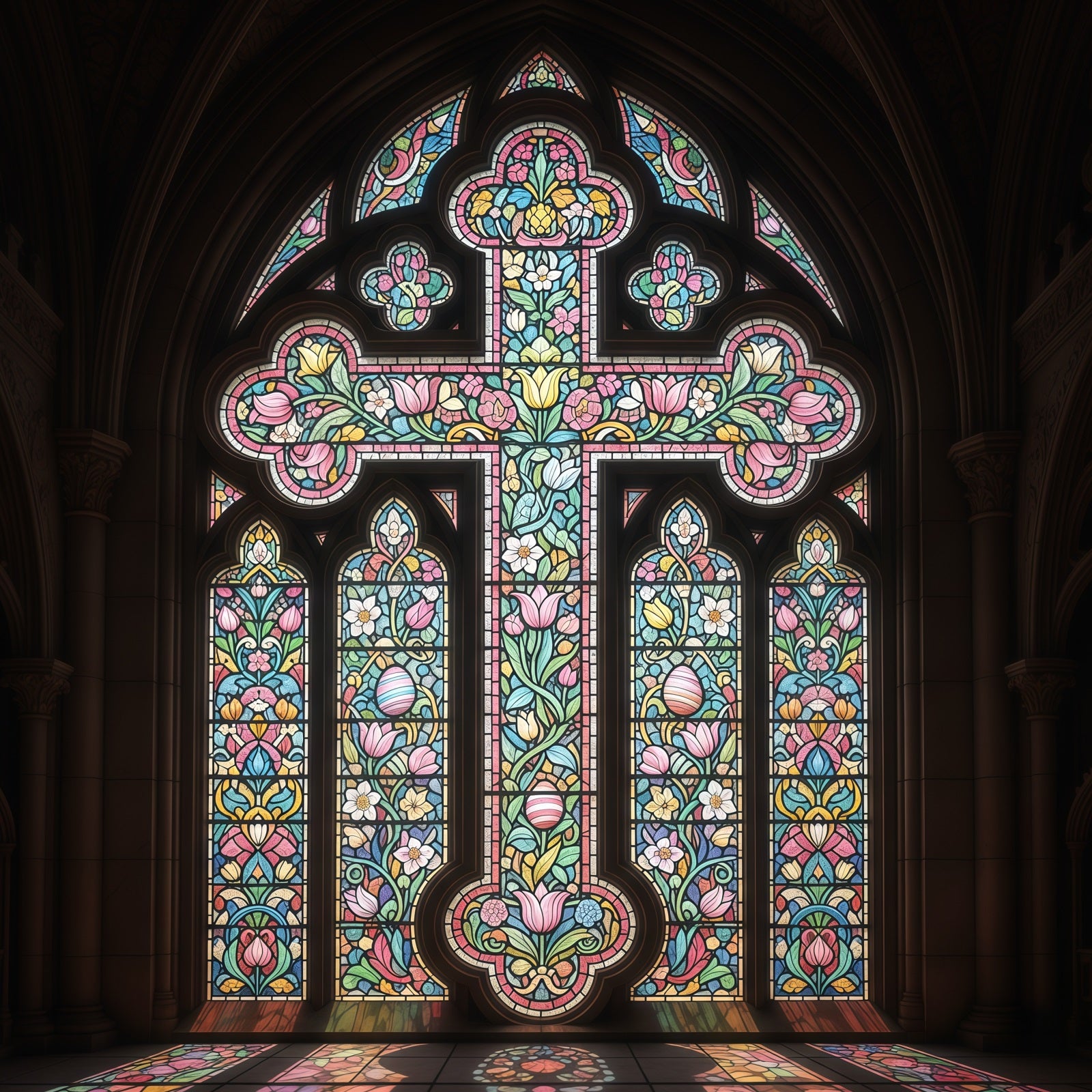Stained Glass Window Backdrop Cathedral Cross Ornate Gothic Easter Backdrops CSH61-15