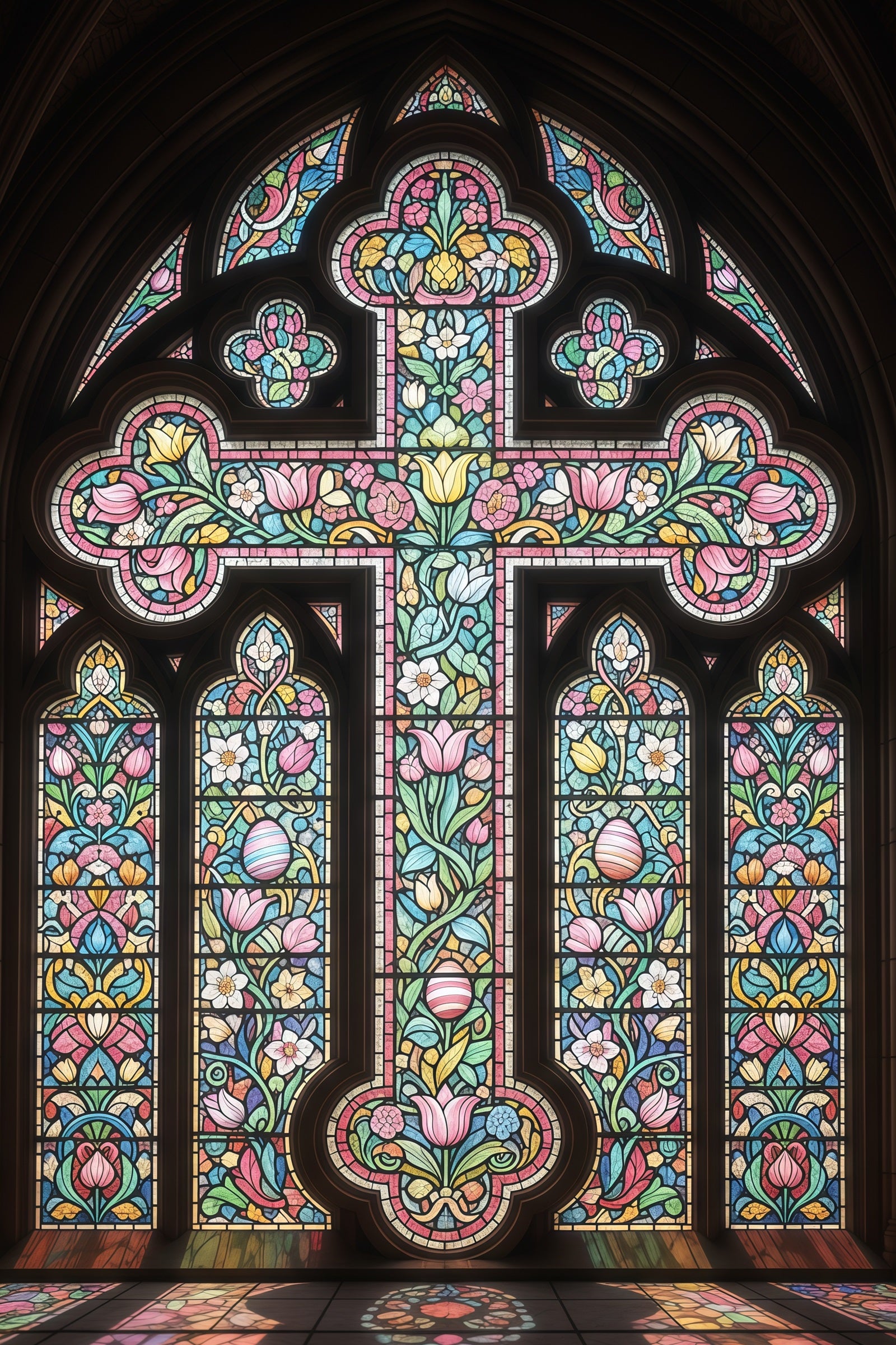 Stained Glass Window Backdrop Cathedral Cross Ornate Gothic Easter Backdrops CSH61-15