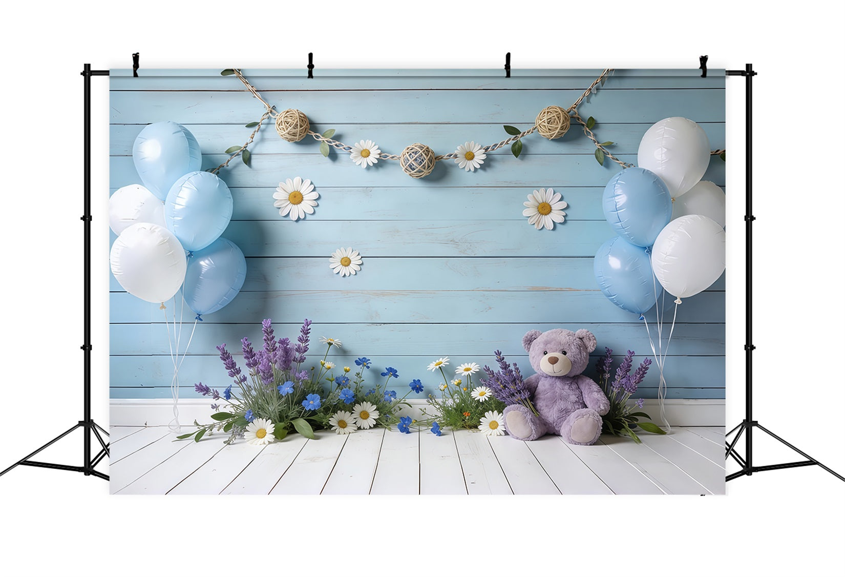 Daisy Flower Backdrop Blue Wooden Wall Balloon Teddy Floral Backdrop For Pictures CSH61-150