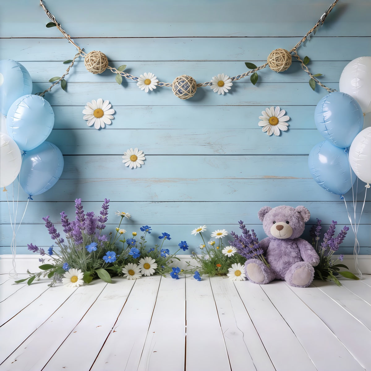 Daisy Flower Backdrop Blue Wooden Wall Balloon Teddy Floral Backdrop For Pictures CSH61-150
