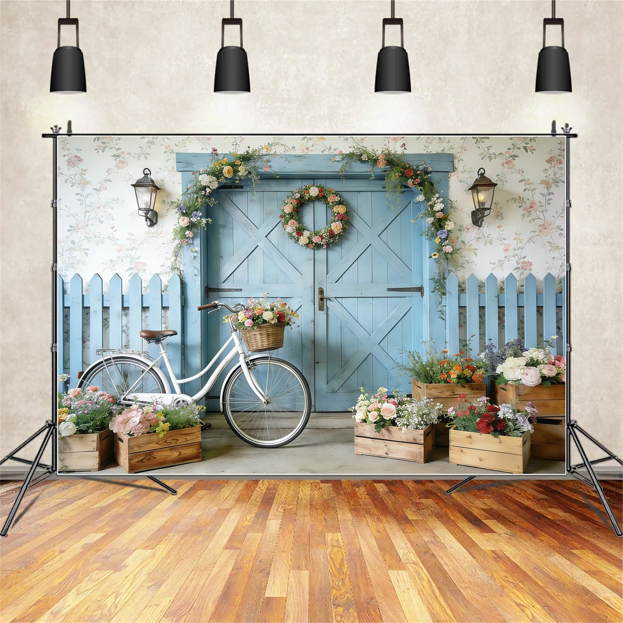 Bicycle Backdrop Blue Barn Door Bicycle Blooms Spring Backdrops CSH61-152