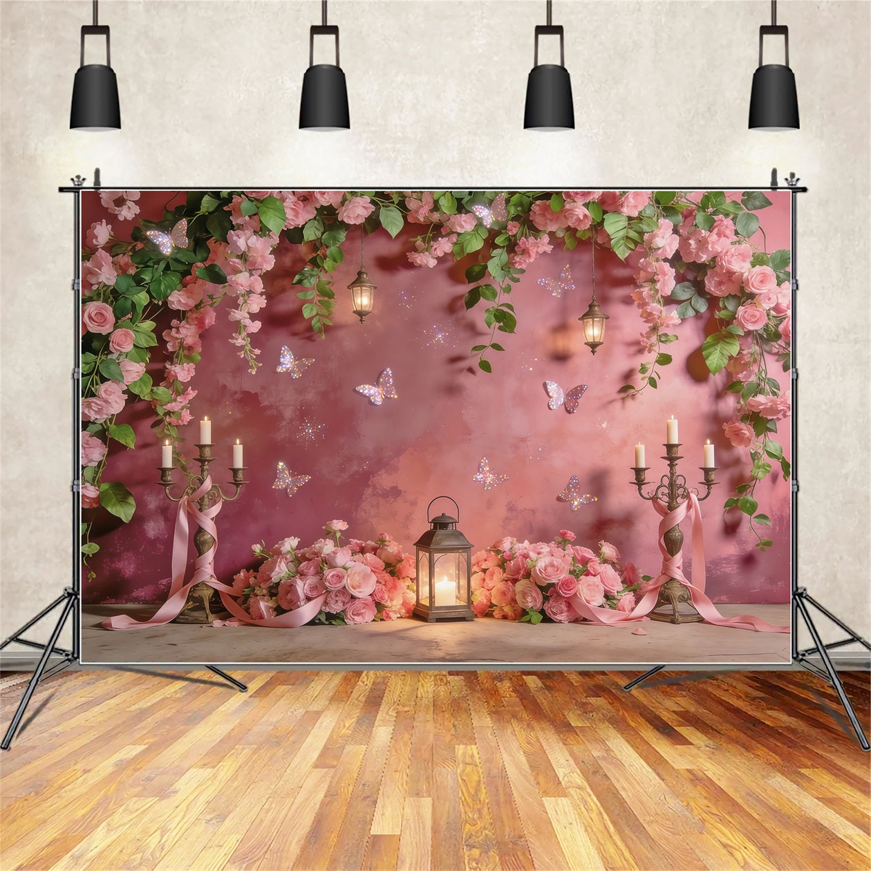 Hanging Vine Backdrop Rose Lantern Butterfly Glow Spring Photo Backdrops CSH61-154