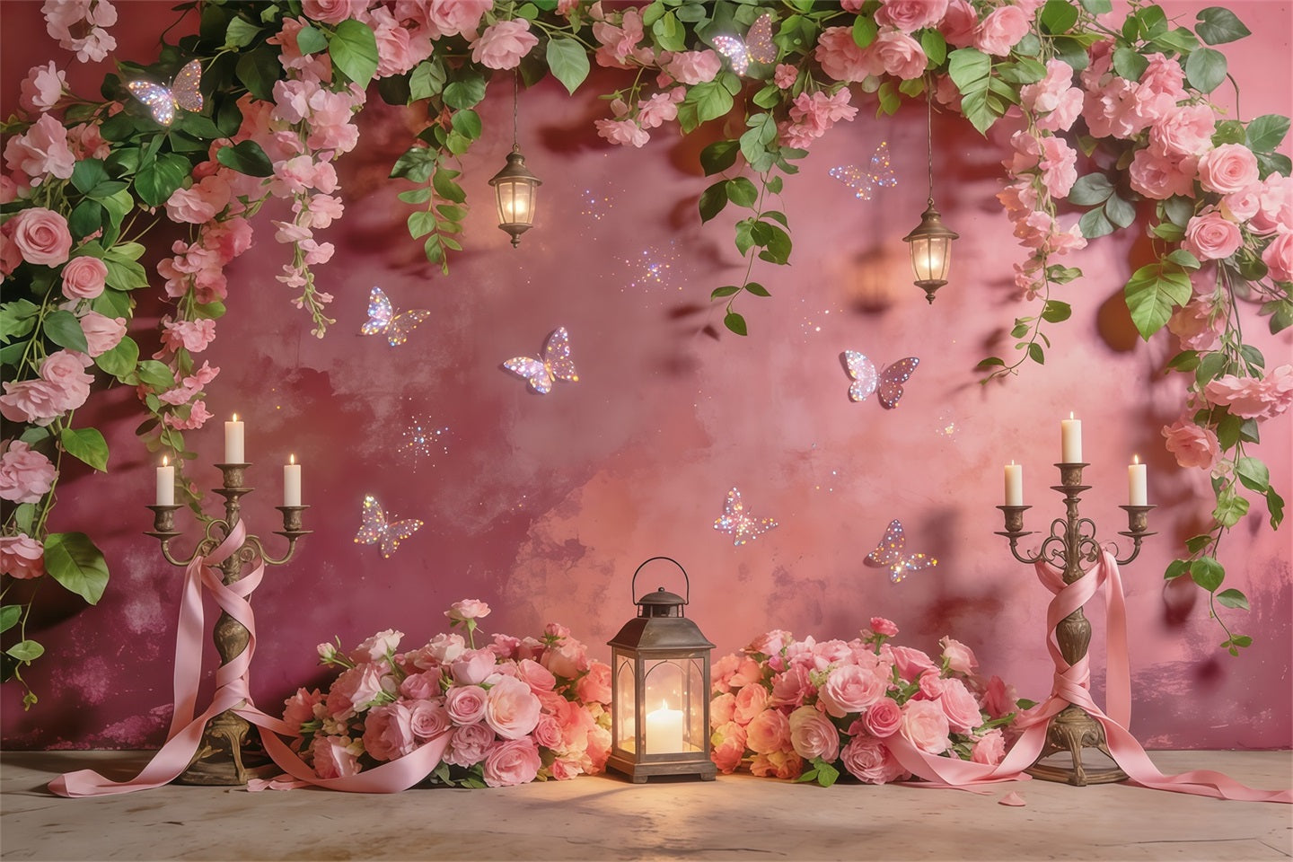 Hanging Vine Backdrop Rose Lantern Butterfly Glow Spring Photo Backdrops CSH61-154