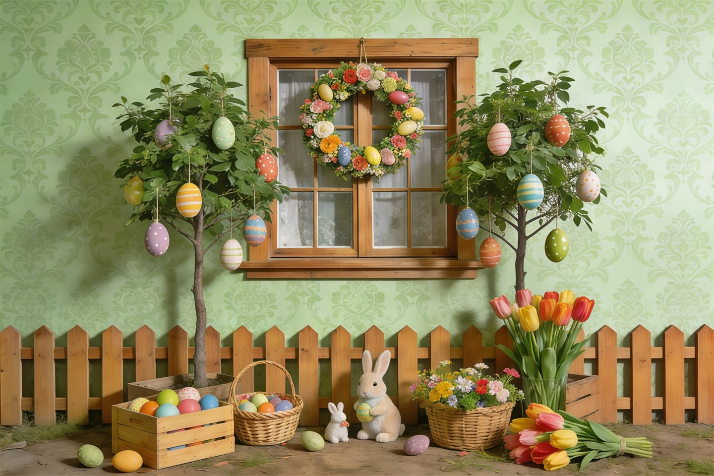 Easter Spring Backdrop Garden Window Egg Bunny Spring Photography Backdrops CSH61-155