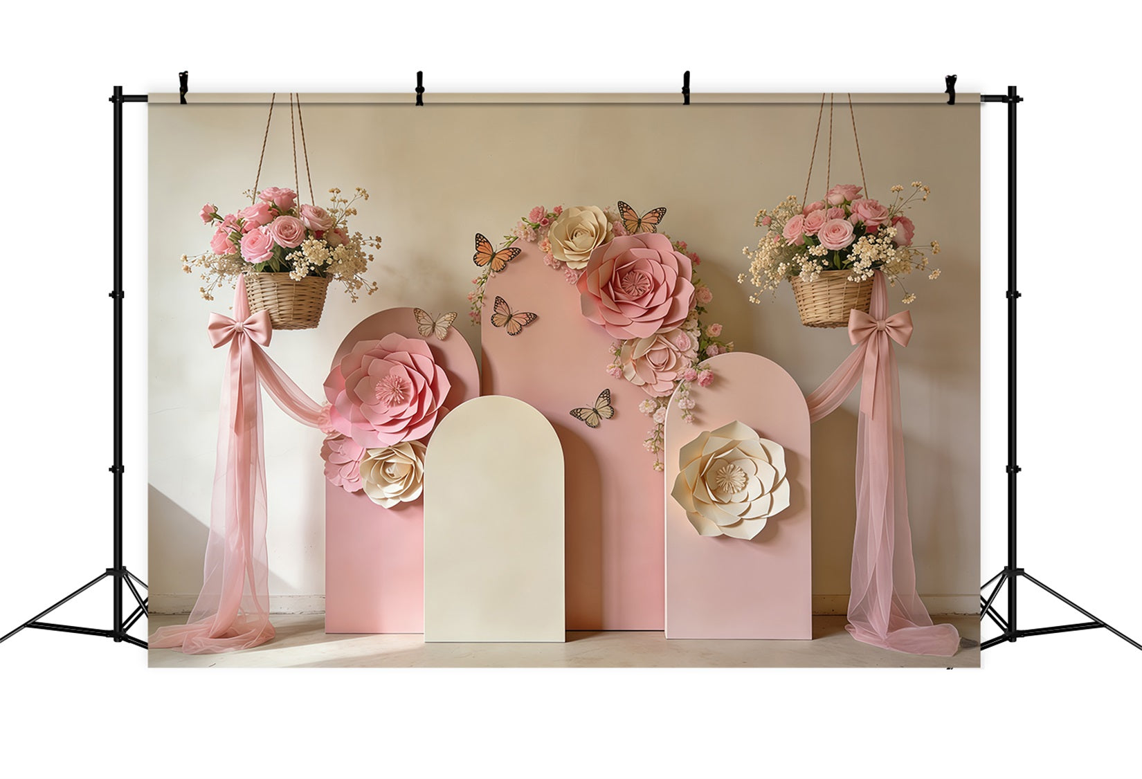Spring Paper Flower Backdrop Blush Bloom Arch Bow Drape Photography Backdrop Floral CSH61-162