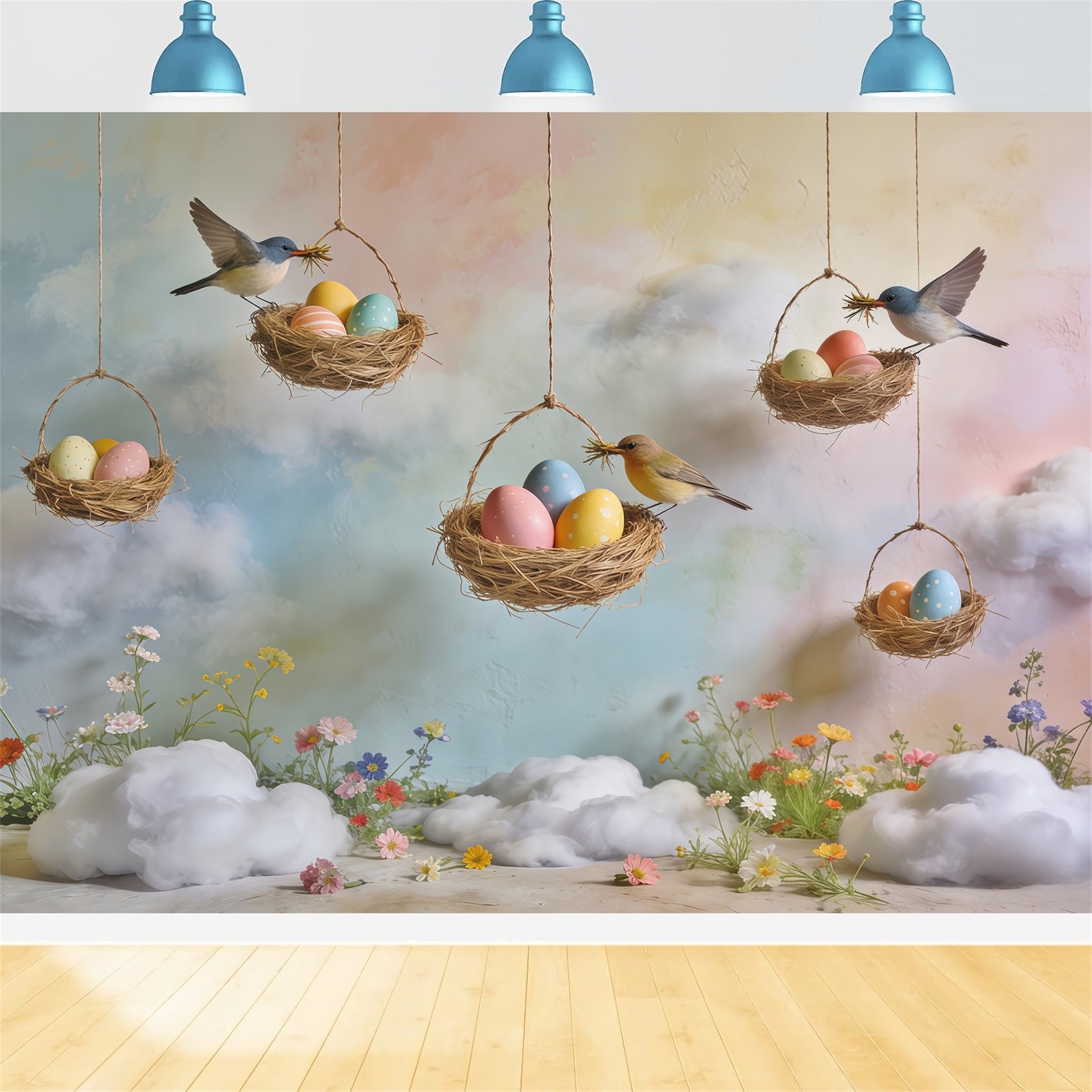 Spring Bird Nest Backdrop Egg Nest Pastel Sky Wildflower Spring Time Backdrop CSH61-164