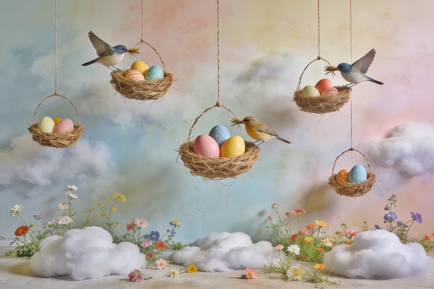 Spring Bird Nest Backdrop Egg Nest Pastel Sky Wildflower Spring Time B