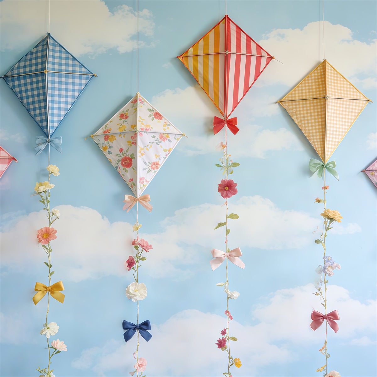 Spring Kite Backdrop Sky Cloud Pastel Bow Flowers Spring Photography Backdrop CSH61-165