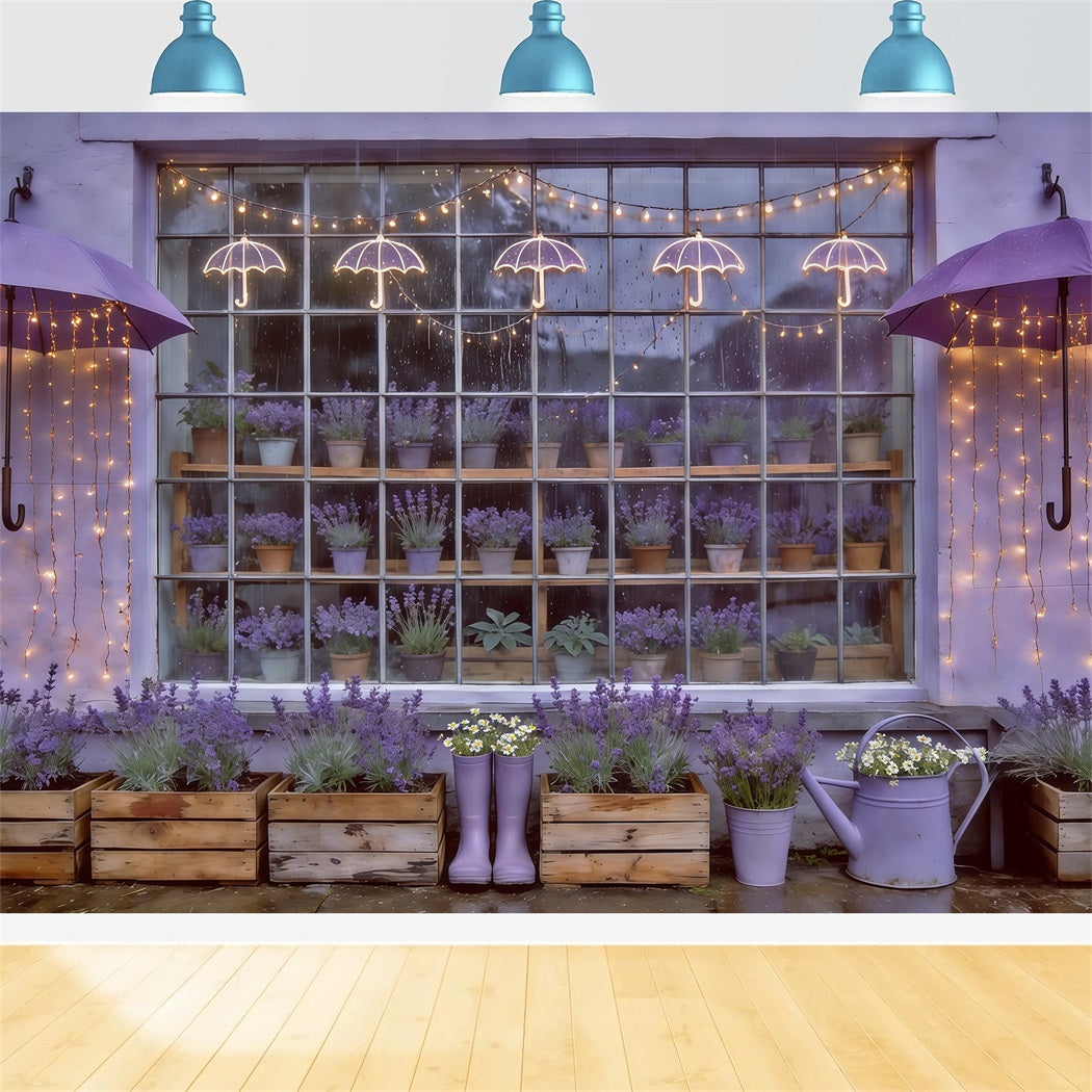 Spring Umbrella And Rain Boots Backdrop Lavender Garden Window Lights Springtime Backdrop CSH61-166