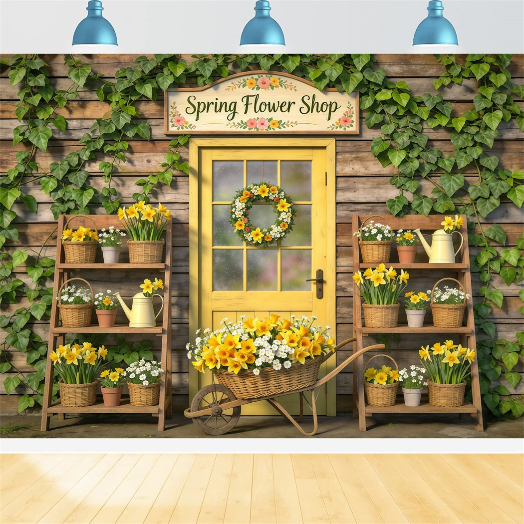 Spring Flower Shop Backdrop Yellow Door Floral Baskets Spring Theme Backdrop CSH61-169
