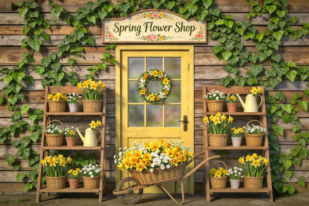 Spring Flower Shop Backdrop Yellow Door Floral Baskets Spring Theme Backdrop CSH61-169