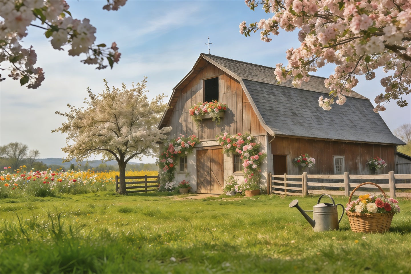 Spring Barn Backdrop Rustic Farmhouse Blossom Meadow Spring Backdrops