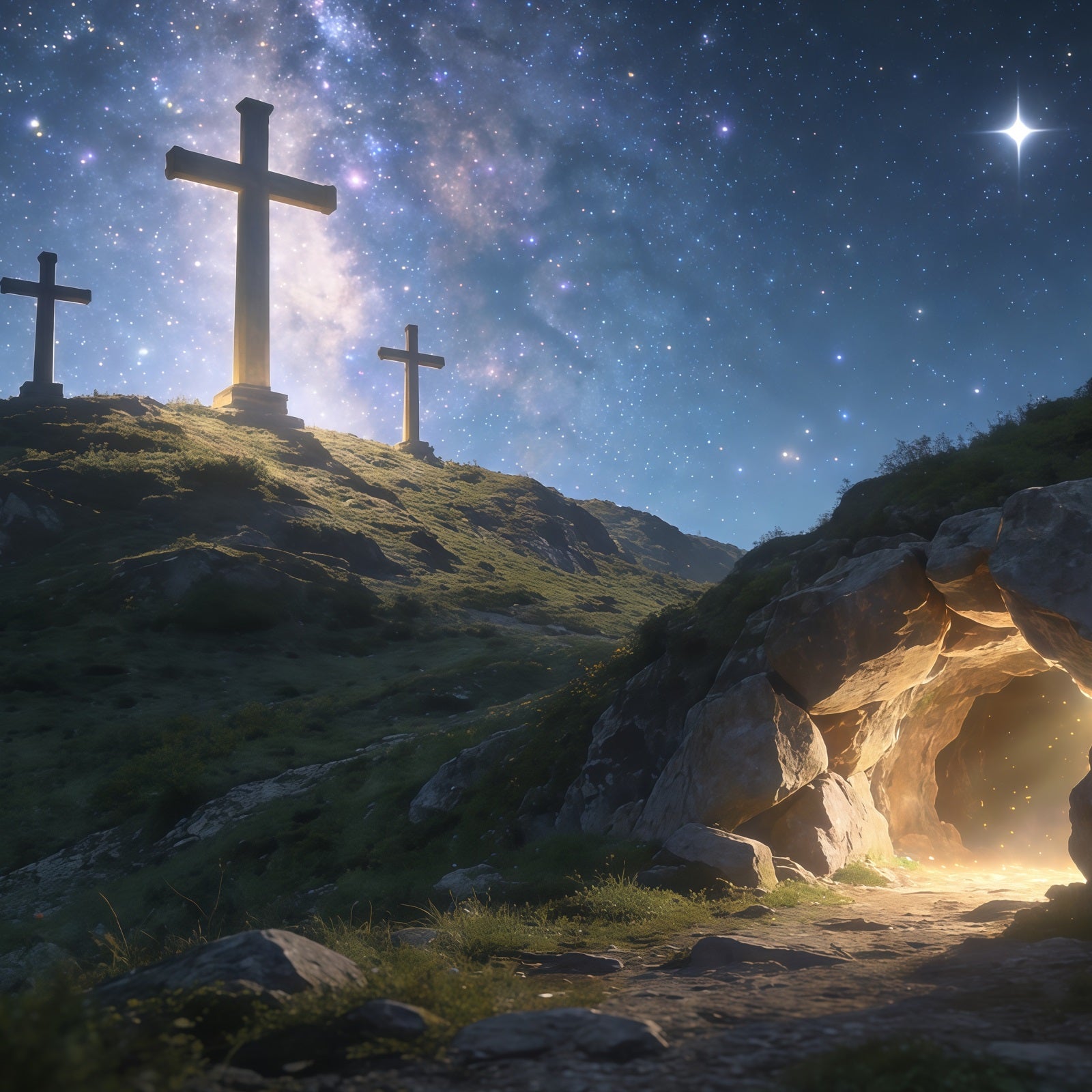 Christian Easter Backdrop Starlit Cross Hill Empty Tomb Easter Backdrops CSH61-19