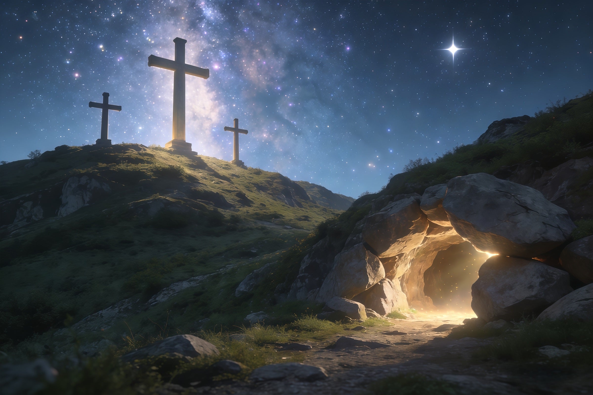 Christian Easter Backdrop Starlit Cross Hill Empty Tomb Easter Backdrops CSH61-19