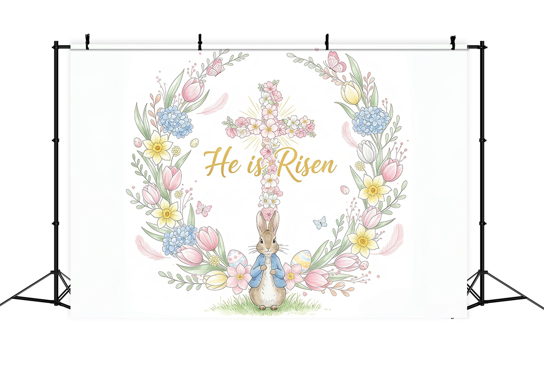Easter Backdrops For Church Floral Cross Bunny Wreath Easter Backdrops CSH61-2