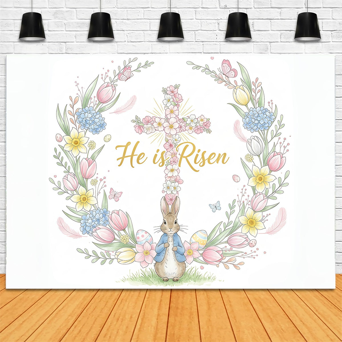 Easter Backdrops For Church Floral Cross Bunny Wreath Easter Backdrops CSH61-2