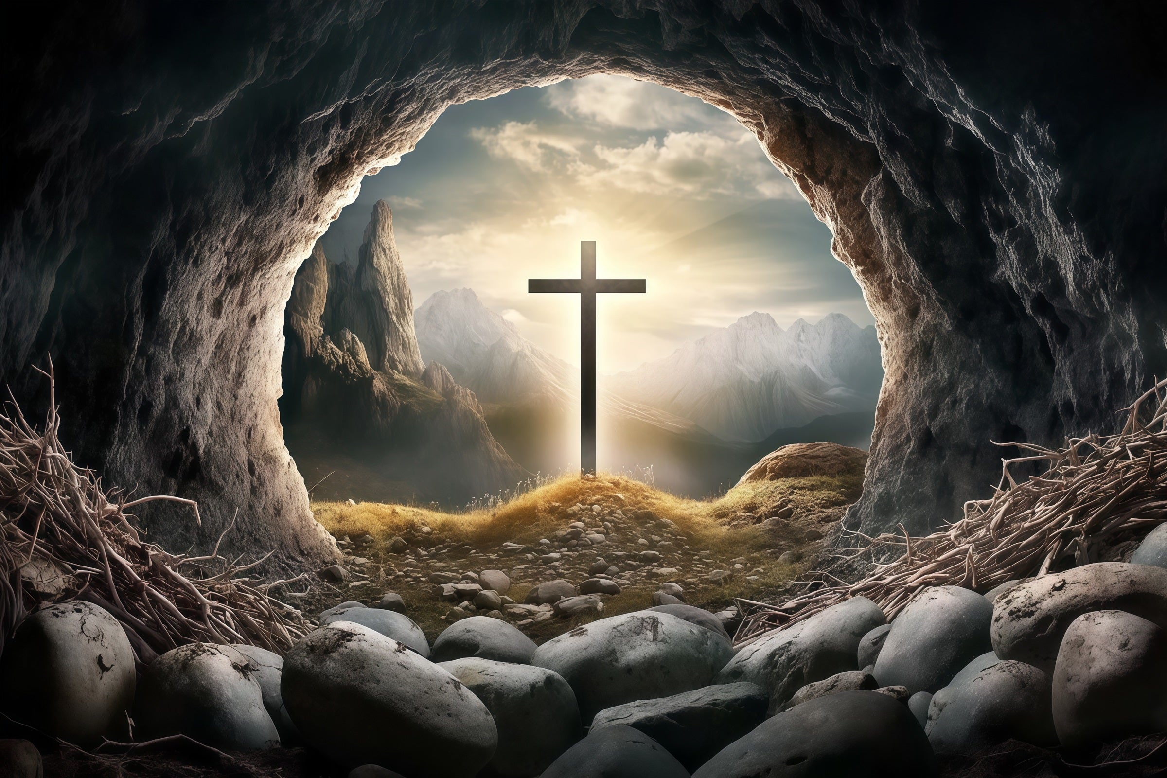 Christian Easter Backdrop Tomb Horizon Cross Glory Light Easter Backdrop CSH61-20