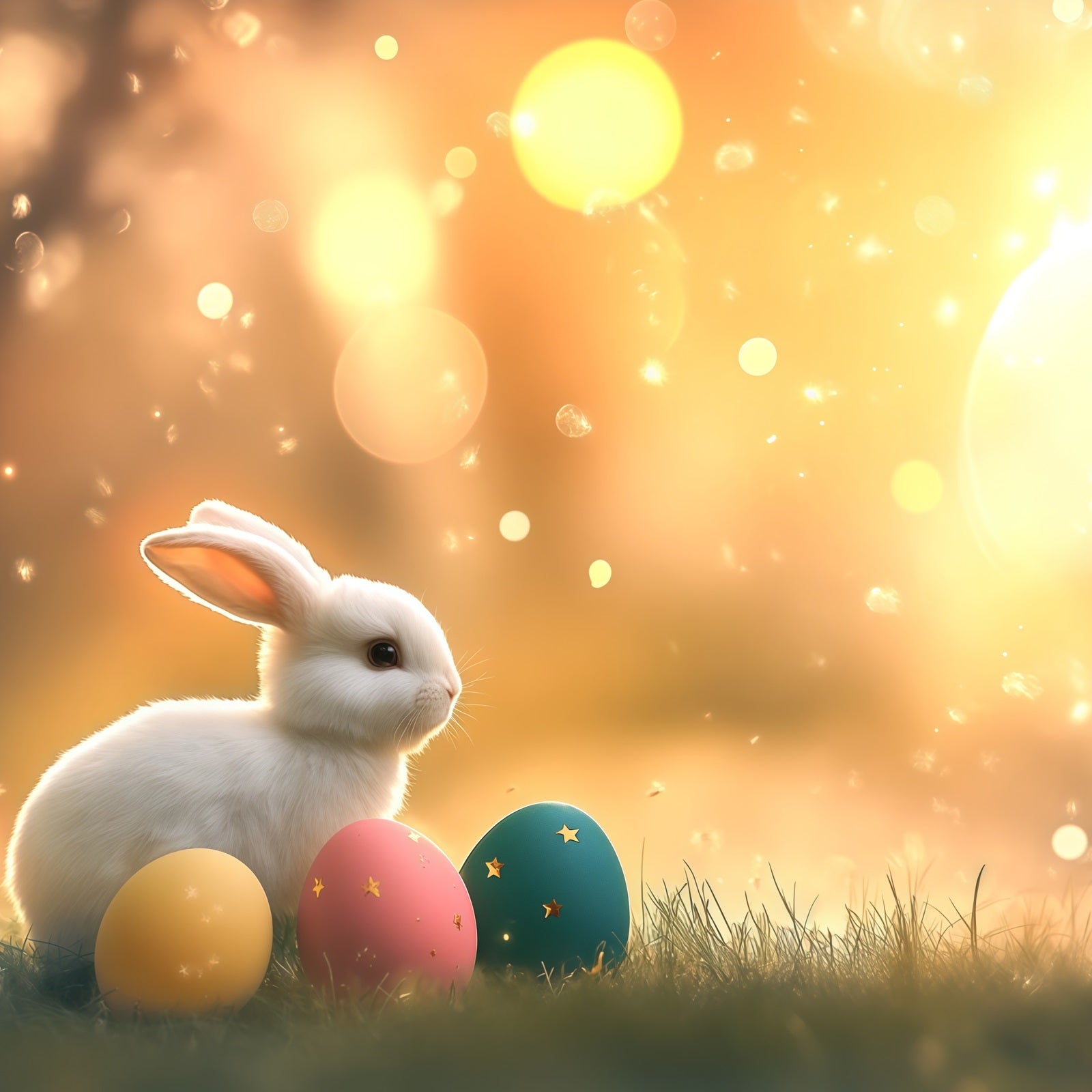 Easter Bunny Backdrop Warm Sunlight Glow Eggs Bokeh Easter Photo Backdrop CSH61-21