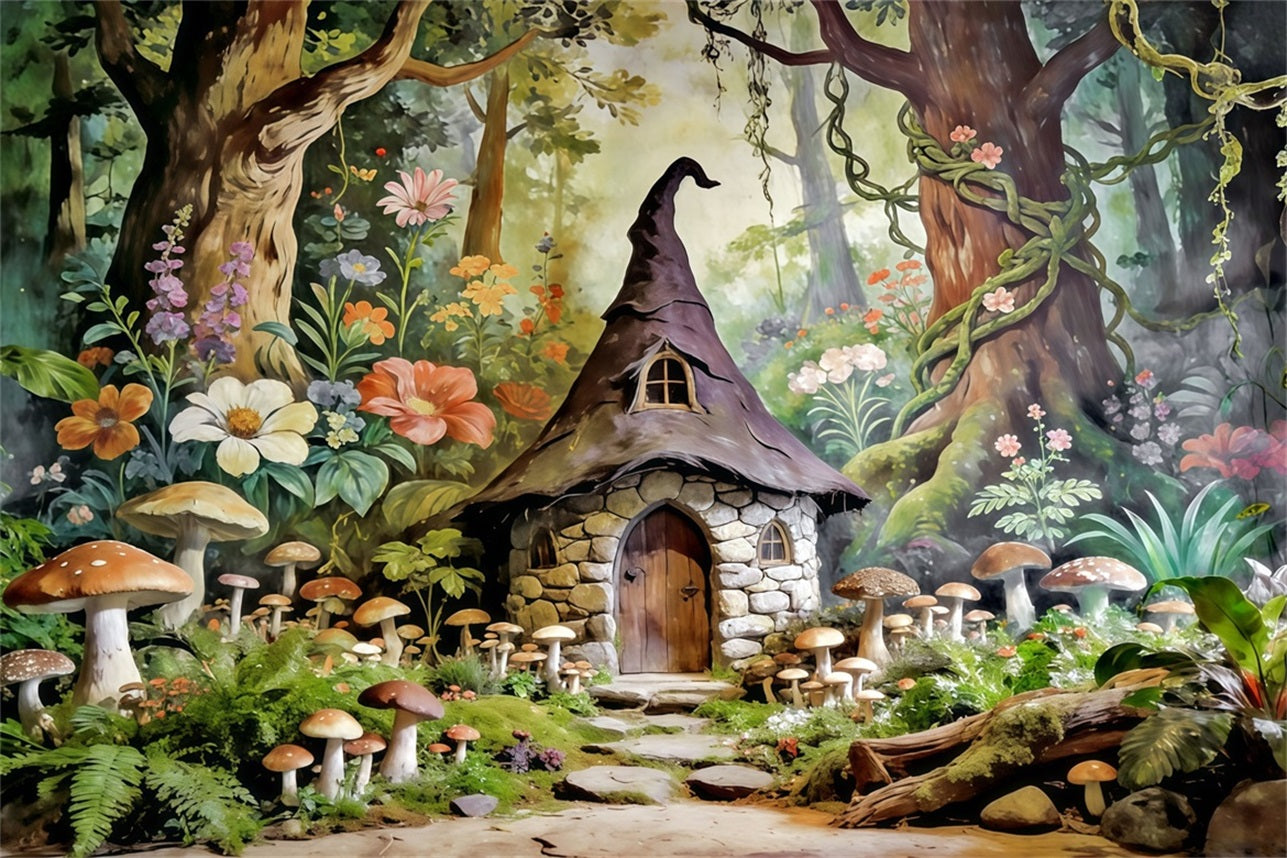 Fairytale Forest Backdrop Storybook Mushroom Cottage Haven Backdrop Forest Theme CSH61-210