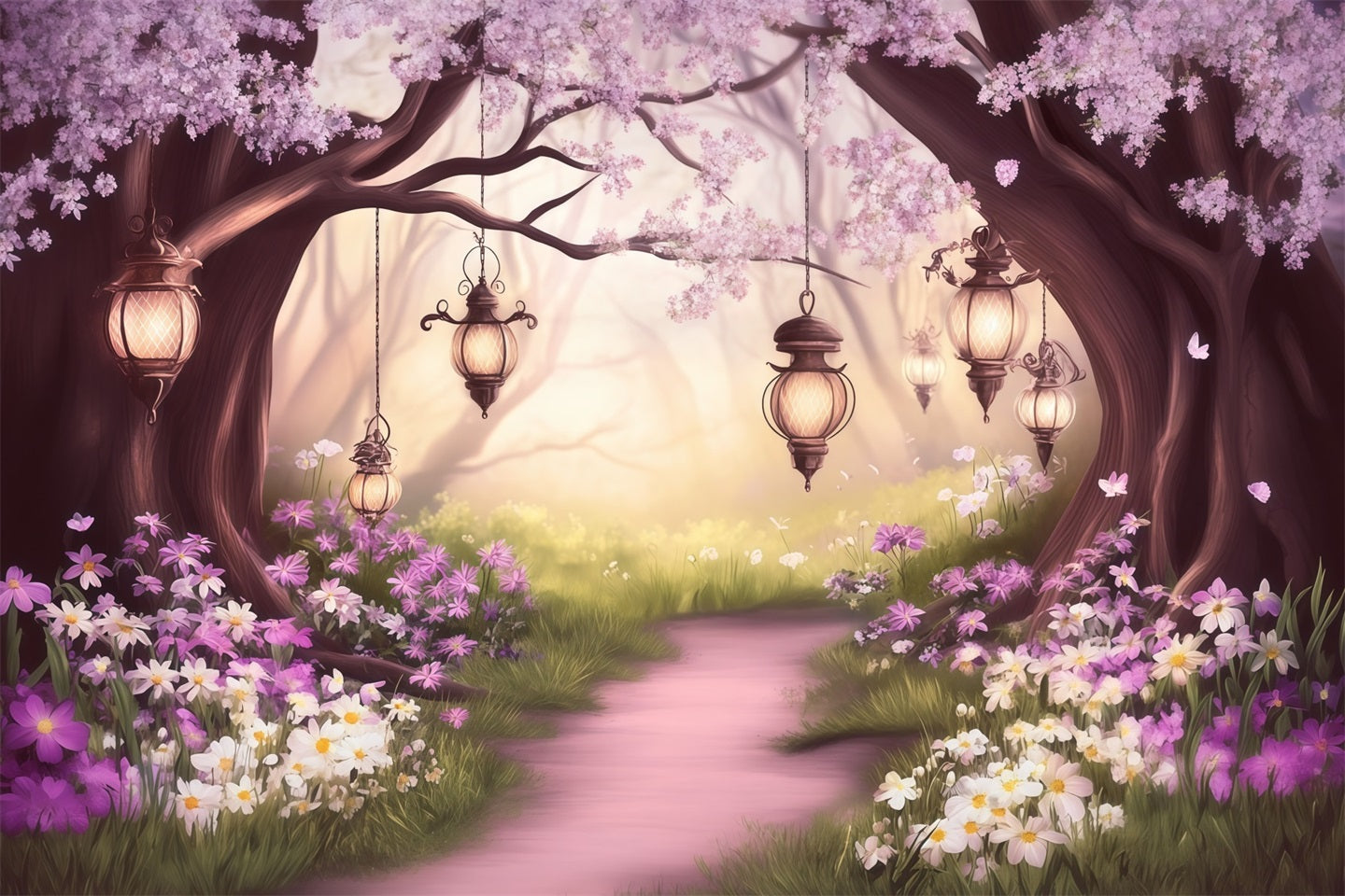 Fairy Forest Backdrop Blush Blossom Lantern Path Forest Backdrops For Photography CSH61-211